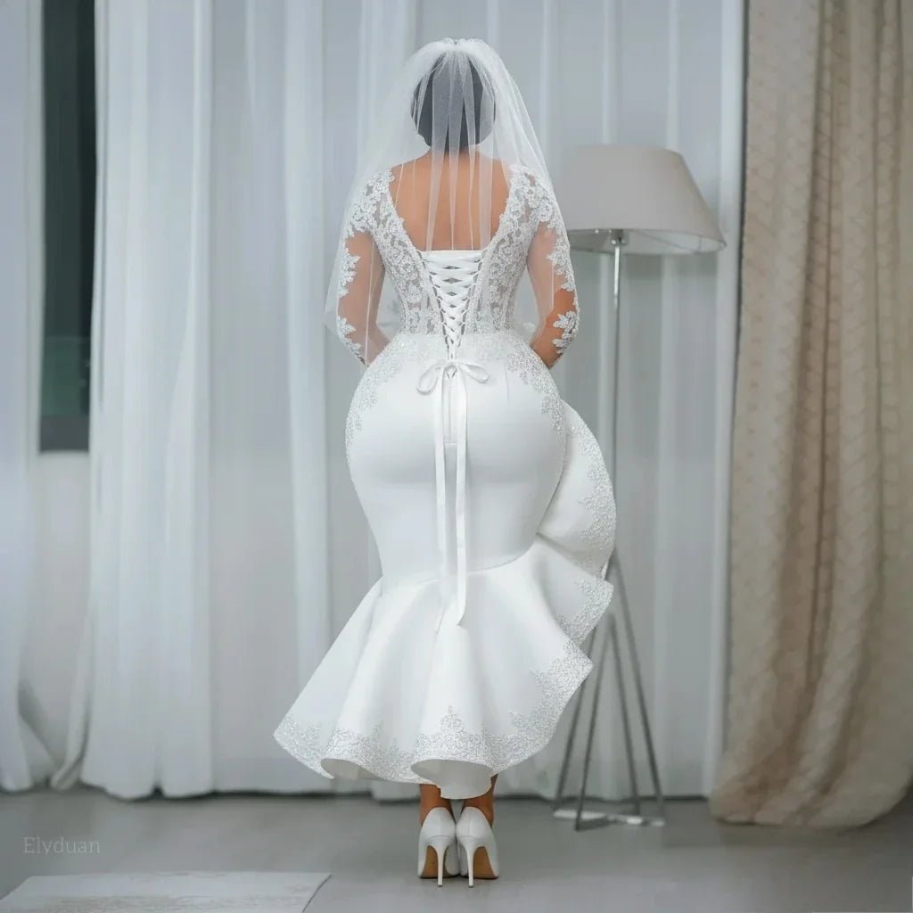 Modern African White Mermaid Civil Wedding Dress Ankle-Length Ruched Long Sleeves Bridal Gown Plus Size Bride Dresses Customized