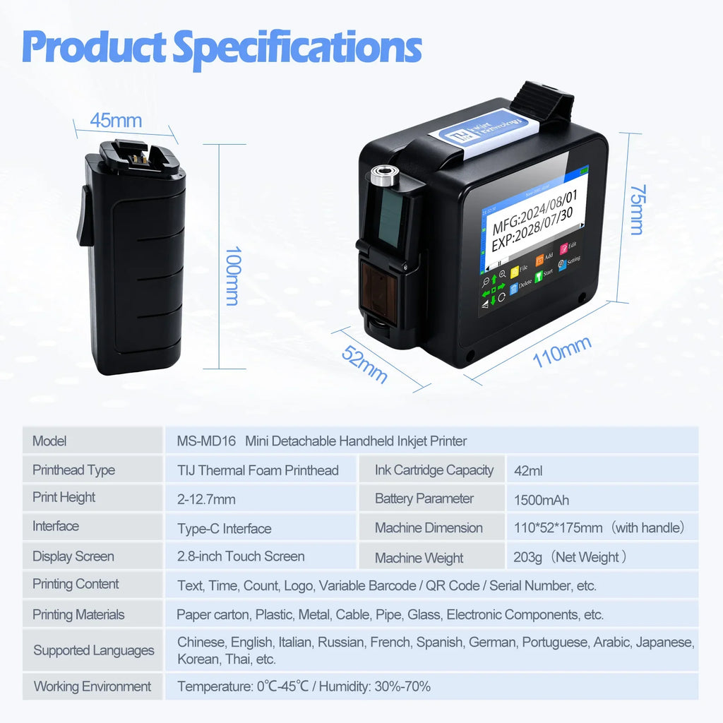 Mini Detachable Handheld Inkjet Printer MD16 Portable Compact Wireless Printing Device for Photos And Documents