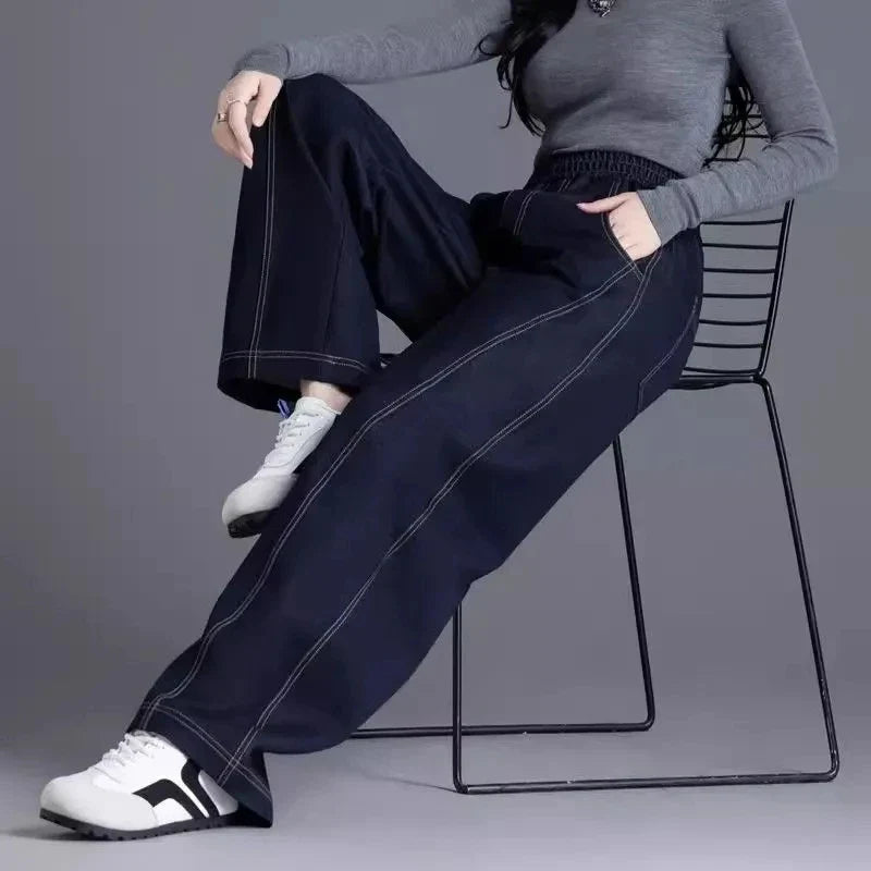Elastic waist Wide leg Jeans Women's 2026 New Spring Autumn Loose High waist Sickle Shaped Knife Pants Female Casual Denim Pants