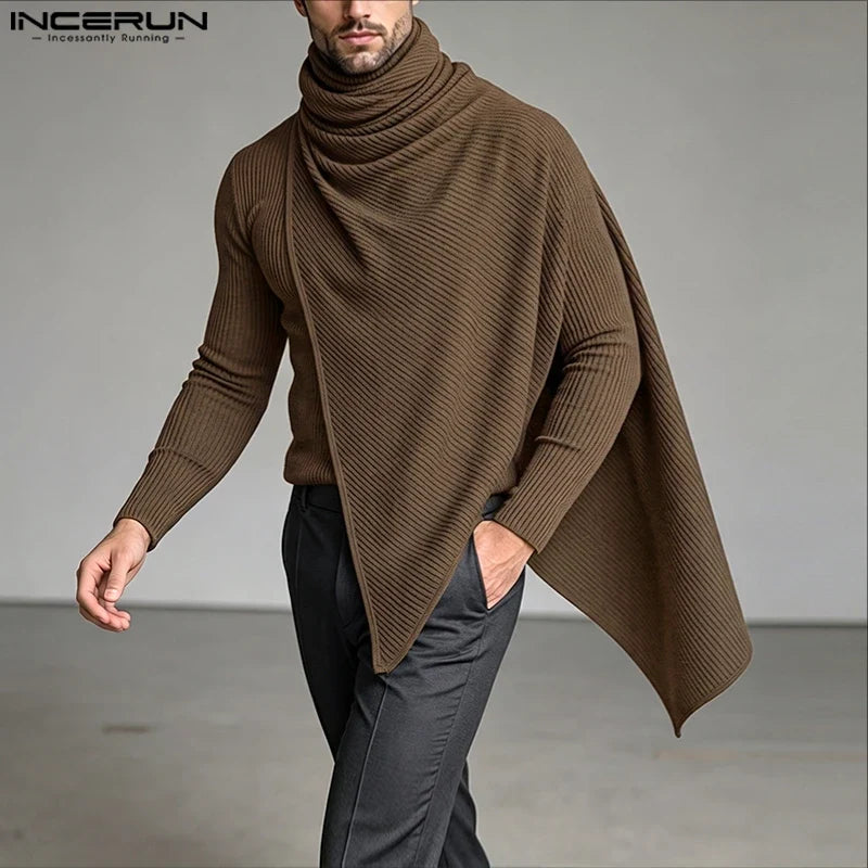 INCERUN Men's Pullovers Solid Turtleneck Long Sleeve Casual Irregular Tops Sweater For Man Streetwear Loose Fashion Men Clothes