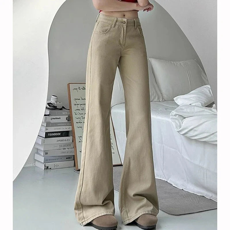 Female Classic Khaki Low Waist Flared Jeans Women Slim Fit Denim Trousers Girls Casual Fashion Thin Straight Leg Pants