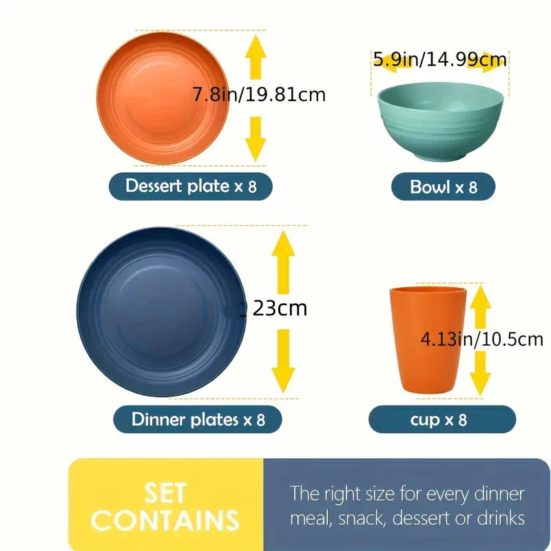32 Pcs Kitchen Wheat Straw Dinnerware Set, Service For 8, Plastic Reuasble Dinner Dishes Serving Plate Set For Kitchen, Including Dinner Plate, Dessert Plates, Bowl, Cup