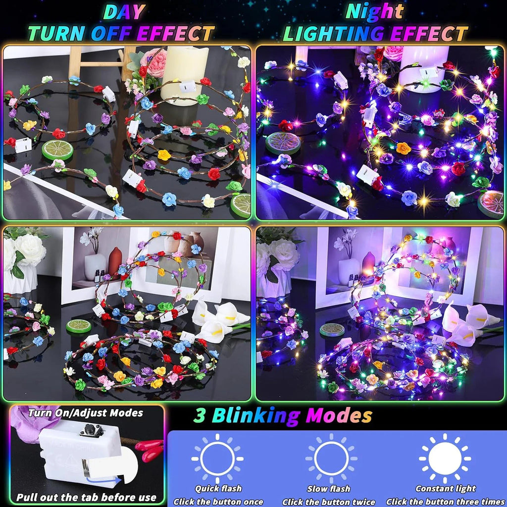 10-100pcs LED Flower Headbands Glowing Garland Light Up Headbands Glow in the Dark Headband Wedding Beach Party Birthday