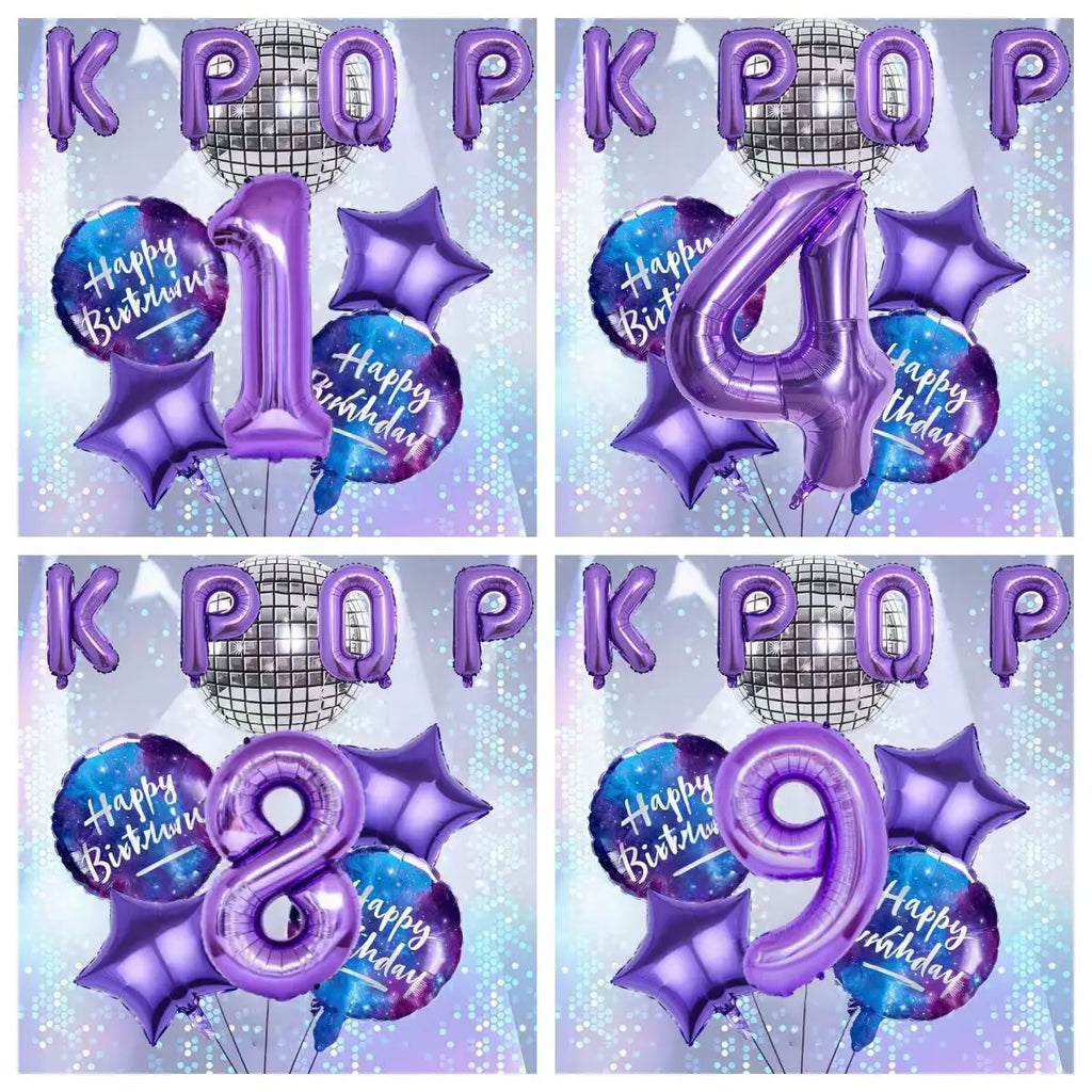 10Pcs/set Purple K-Pop Music Theme Birthday Balloons Decoration 0-9 Number Birthday Parties Photo Backdrops Perfect Social Gift