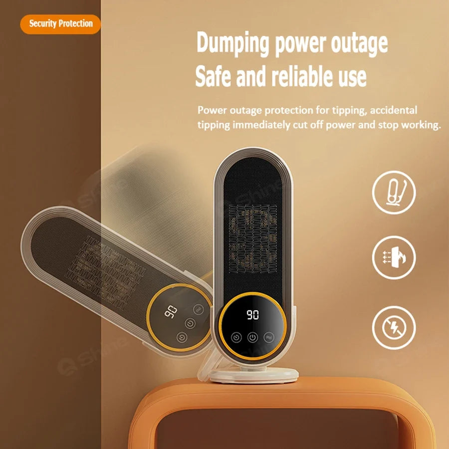 1200W PTC Portable Heater, 3-Speed Timer 30/60/90min, 2 Temp Settings, 3s Fast Heating, Overheat & Tip-Over Protection, Quiet