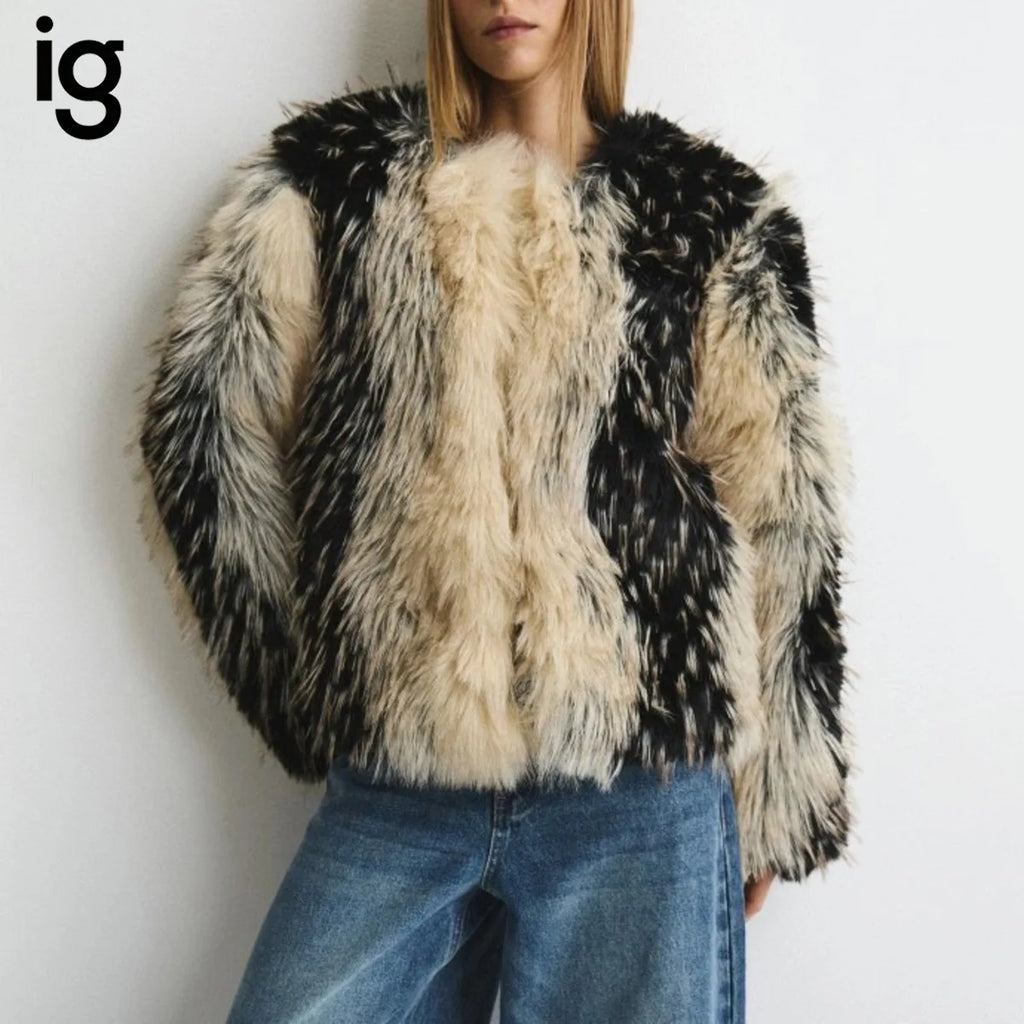 Women Black & Beige Two-Tone Fur Fluffy Cropped Jacket, Open Front Collarless Side Pockets, Winter Warm Casual Street Outerwear