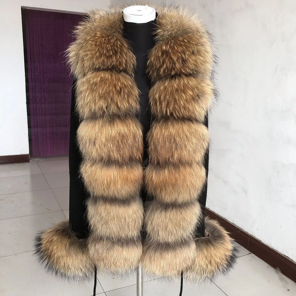 Women's Real Fox Fur Cardigan Jacket Spring and Autumn with Knitted Sweaters and Real Fox Fur Collar Women Raccoon Fur Cardigan
