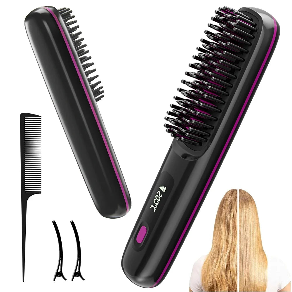 Rechargeable Hair Straightener Brush Ionic Hair Straightener Comb - 3 Temp Settings & Display, Straightening Brush for All Types