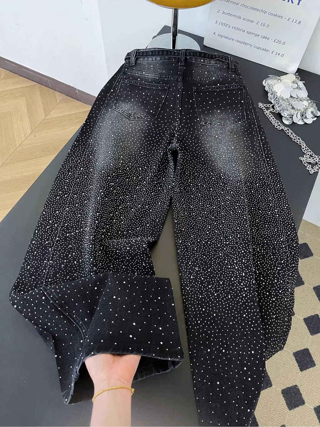 Glittering Rhinestone Denim Pants Women's Jeans New Wide Leg Design Sensation Floor-Length Pants Loose Jeans