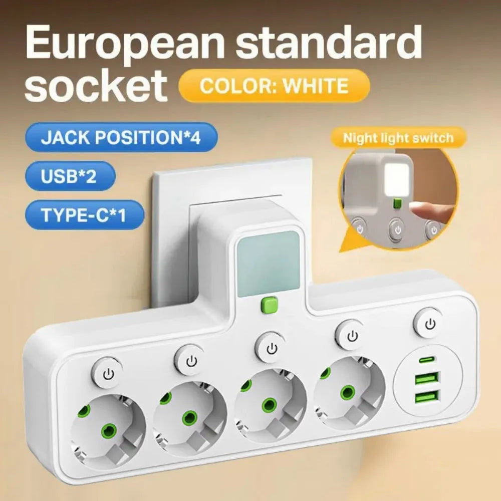 EU Plug Power Strip Outlets,4 Sockets with 2 USB Type-C port Wall Charger Two specifications for Home Offices Power Socket