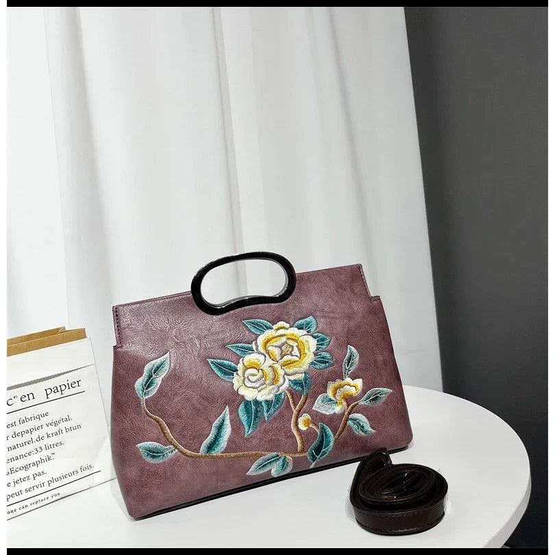 Elegant Women's Handbag Embroidered Peony Print Crossbody Bag Wear-Resistant Fashionable Daily Use Square Shape Zipper Closure