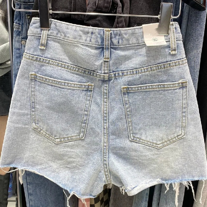 Trendy Women's Ripped Loose Fit High Waist Cotton Stretch Denim Shorts Frayed Hem A-Line Style Korean Version Summer Hot Pants