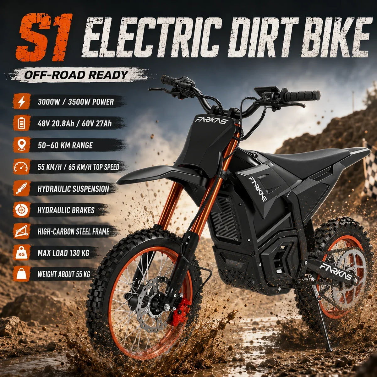 S1 E-Bike Off-Road Electric Bike with 14 Inch Front 12 Inch Rear Tires 3000W 3500W DC Motor 60V 27Ah Battery 130KG Max Load