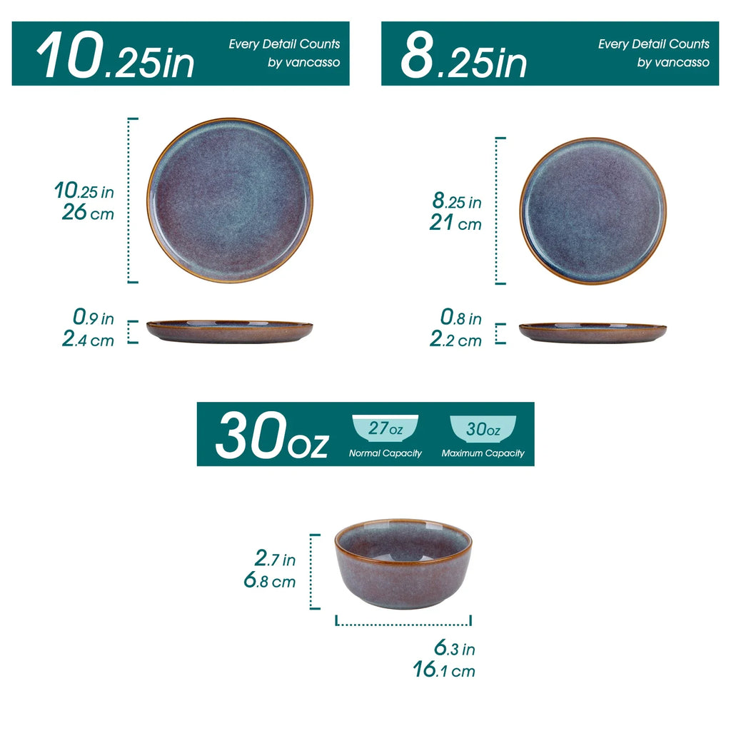 Vancasso 12/16/18/24 Piece Grey-Blue Reactive Glaze Stoneware Plates Set Dinnerware Sets with 4/6 Pcs Dinner Plate/Dessert/Bowl