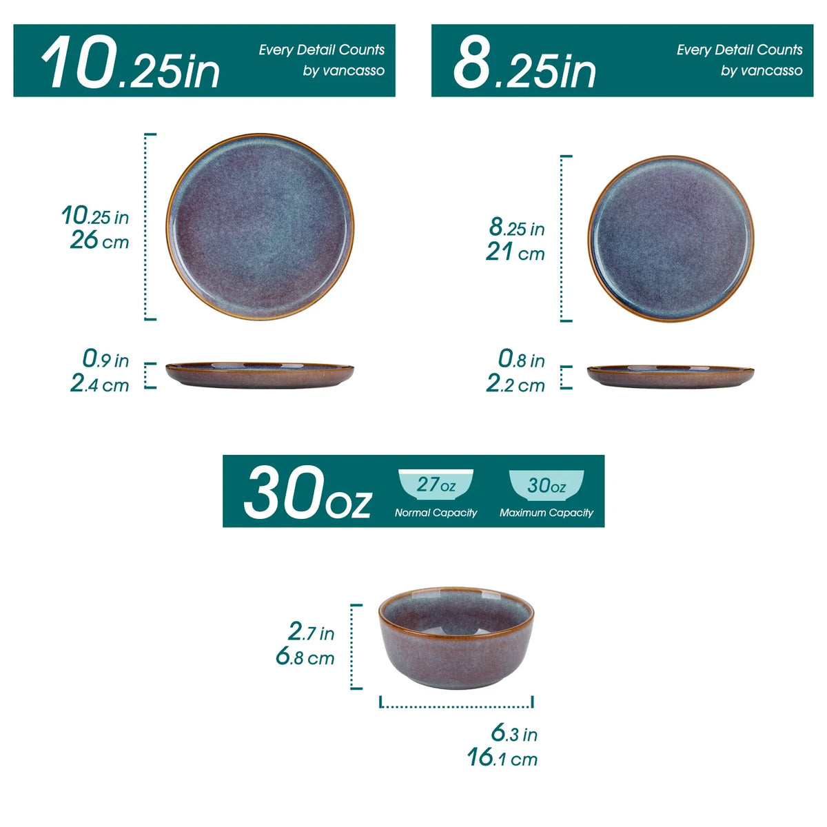 Vancasso 12/16/18/24 Piece Grey-Blue Reactive Glaze Stoneware Plates Set Dinnerware Sets with 4/6 Pcs Dinner Plate/Dessert/Bowl