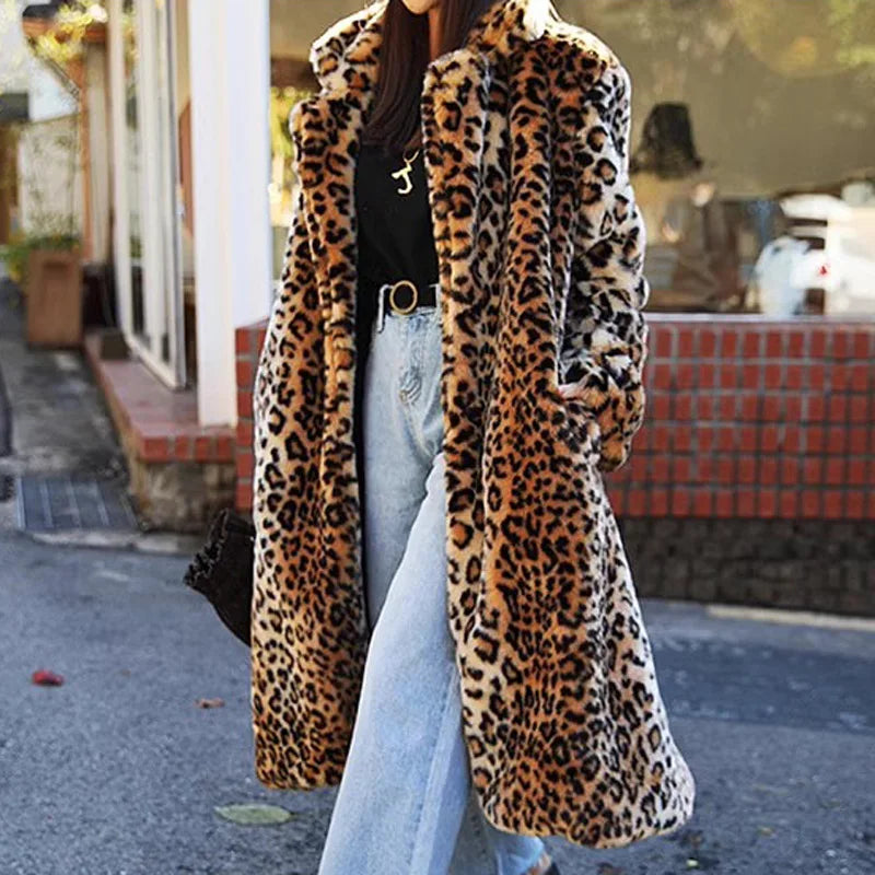 2026 New Women Leopard Print Faux Fur Coat Long Sleeve Fluffy Winter Warm Plush Overcoat