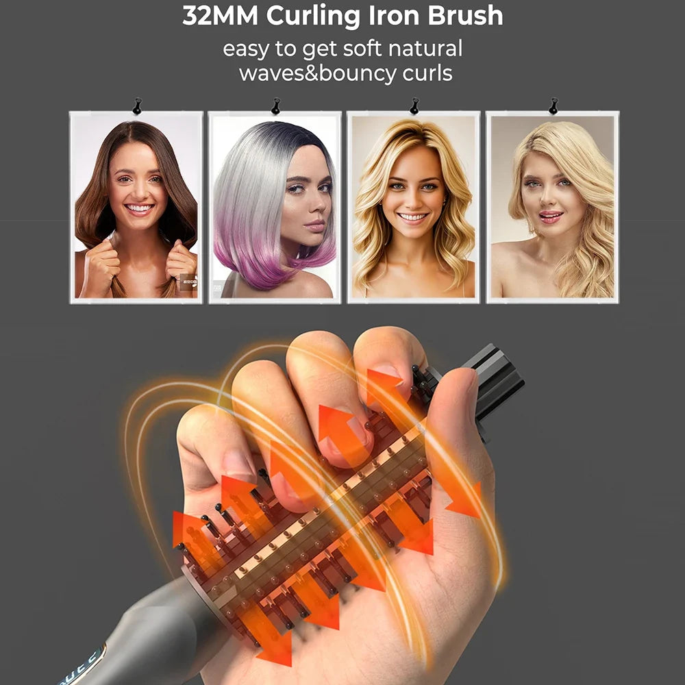 32mm Curling Iron Brush Ceramic Ionic Hair Curler Straightener Anti-Scald Volumizing Hair Iron Heated Brush Electric Hot Comb