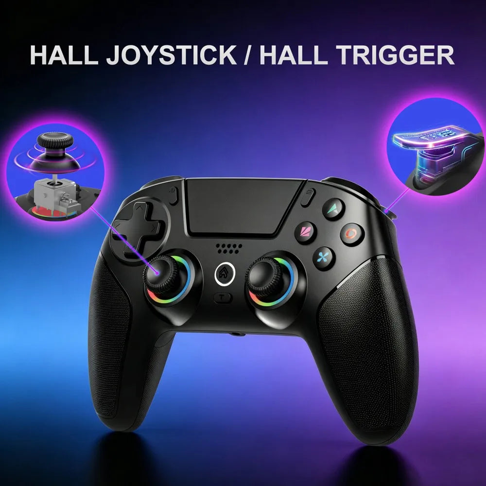 Rechargeable Wireless Gamepad for PS5/PC/Android/iOS with Hall Joystick,Turbo&Macro,RGB Lights,Dual Vibration Game Controller