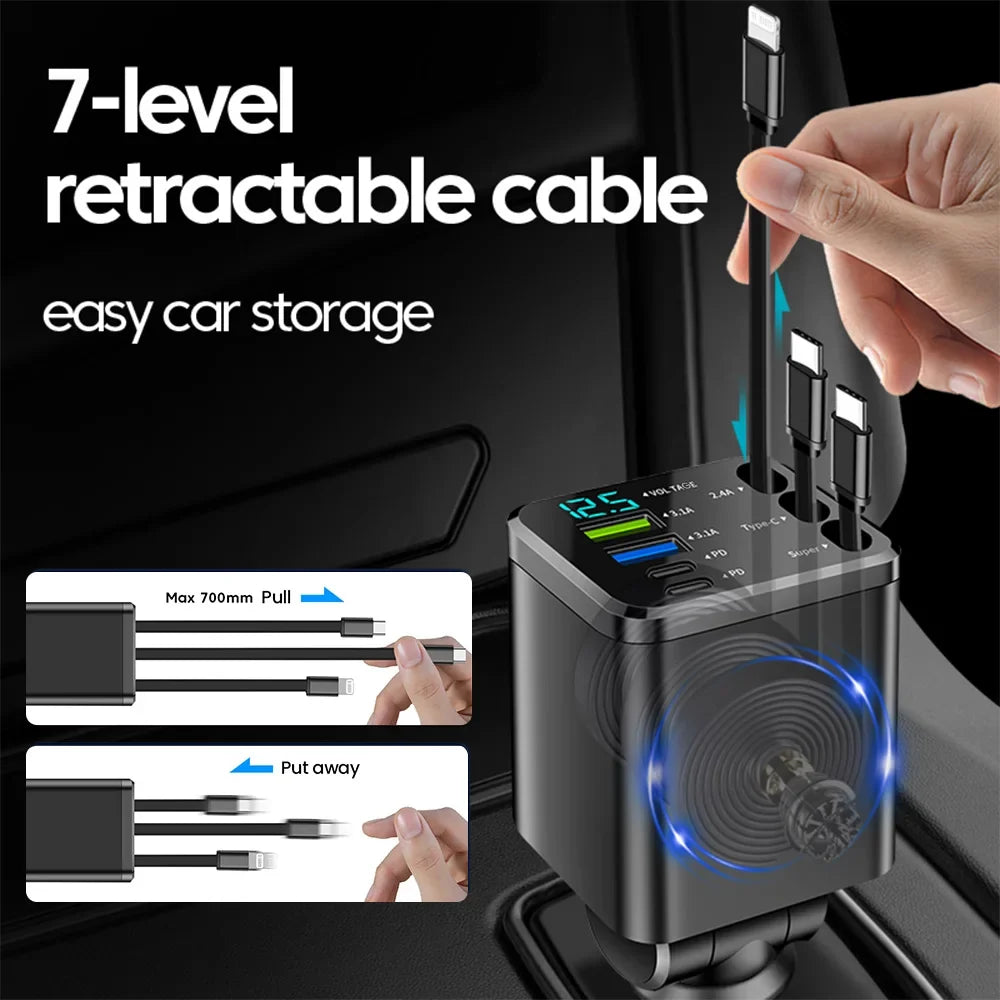 Elough 7 In 1 Car Charger Retractable USB C To ios Cable For iPhone Samsung Car Phone Charger USB Cigarette Lighter QC Adapter