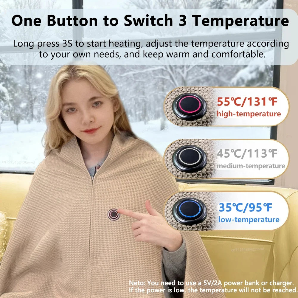 Heated Blanket USB Wearable Electric Blanket Portable Warmer Blanket for Shoulder Electric Heating Shawl with 3 Tem Setting
