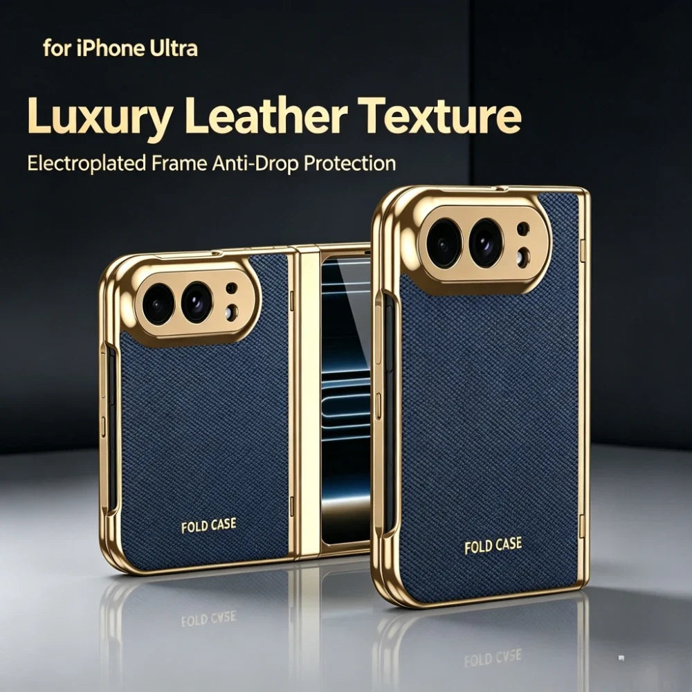 High Quality Plating PU Leather Texture Phone Case for IPhone Duo 5G 2026 with Tempered Glass Screen Protect Shockproof Cover
