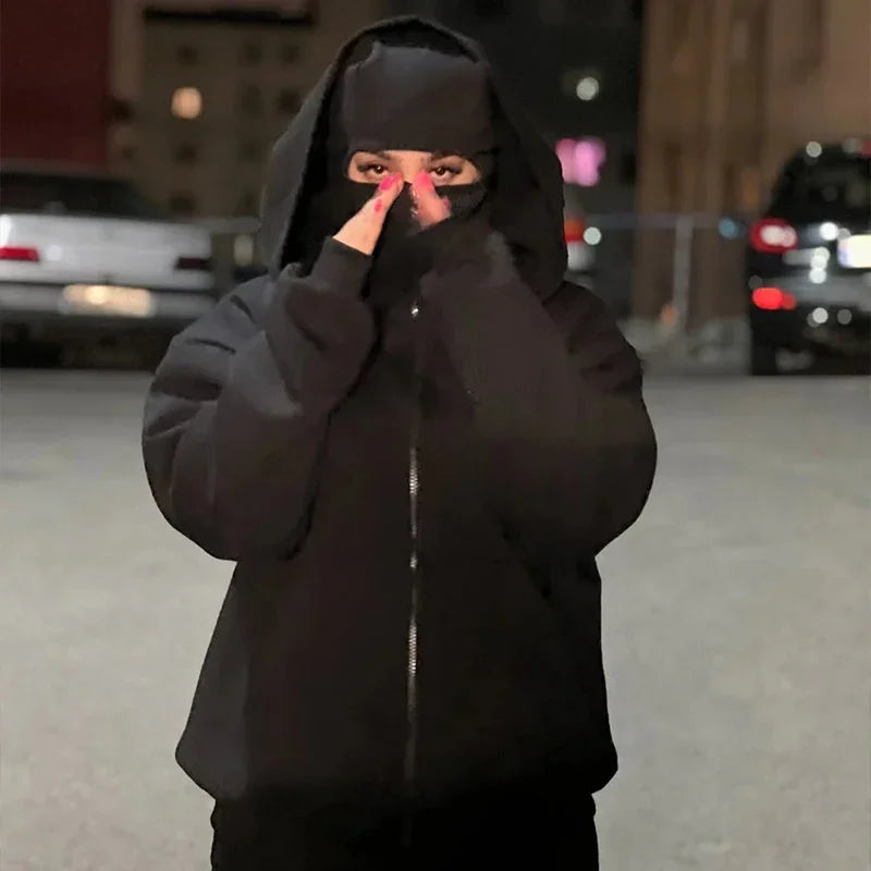 Men's Balaclava Zip Hoodie, Winter Warm Face Mask Hooded Jacket