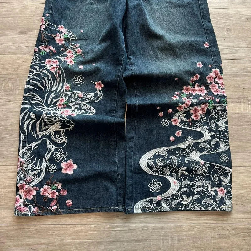 American New Fashion Cherry Blossom Letter Pattern Embroidered Baggy Jeans Women Y2K Gothic Popular Straight Wide-leg Trousers