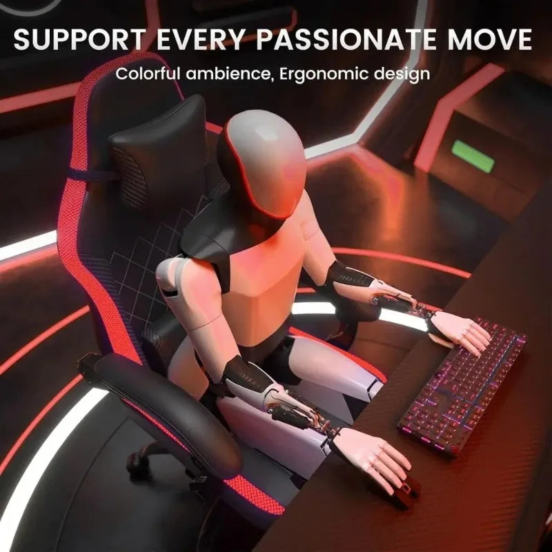 Ergonomic Gaming Chair with Padded Armrests, Lumbar Support, LED Lights - Comfortable PC Gaming Seat for Adults