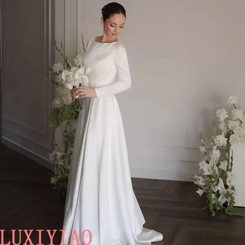 White A-Line Long Wedding Dresses Simple O-Neck Long Sleeve Bride Dress 2025 Boho Beach Wedding Prom Gowns Customized