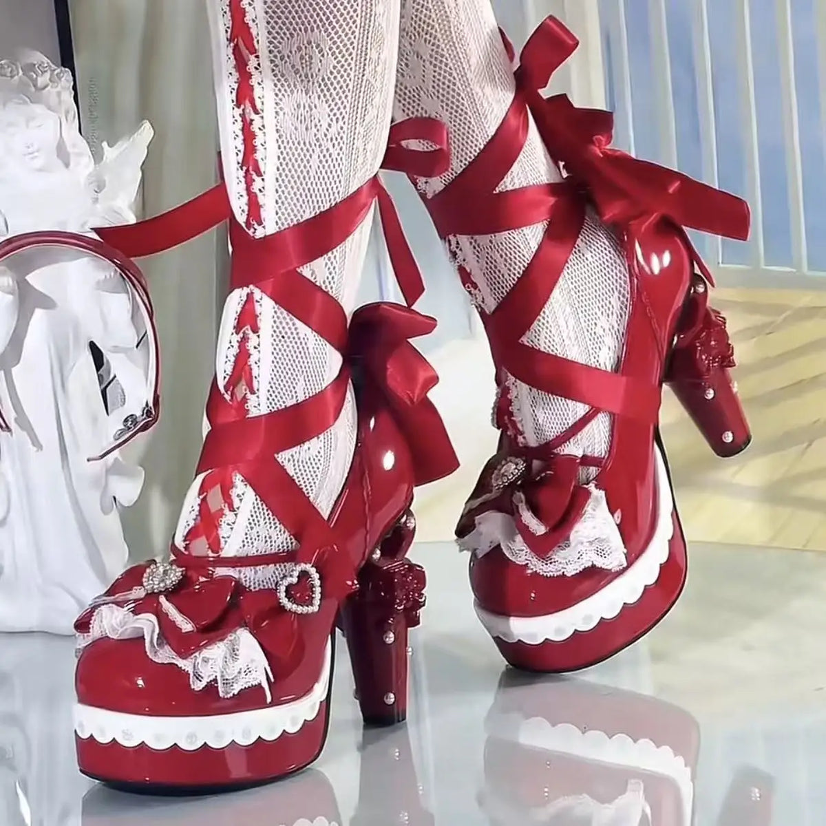 Original Sweet Lolita High Heels Big Size 42 Japanese Style Cosplay Women Leather Shoe Red Rhinestone Street Y2k shoes girl cute