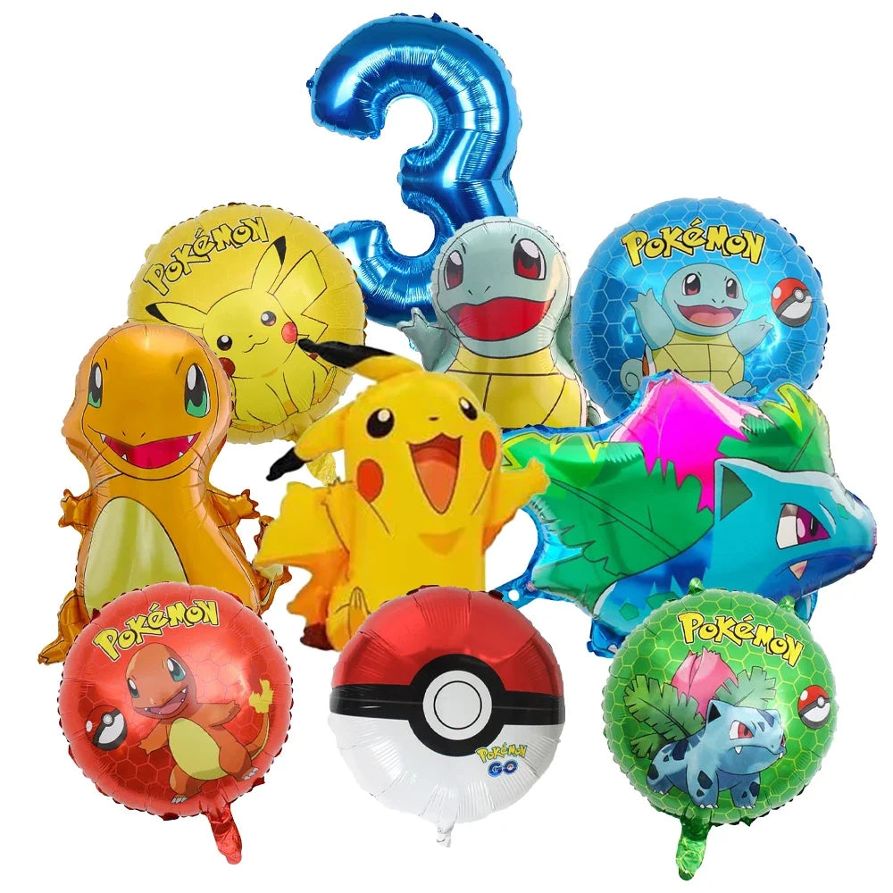 10pcs Cartoon Pokemon Pikachu Themed Aluminum Foil Balloons - Ideal for Charmander Squirtle Bulbasaur Birthday Party