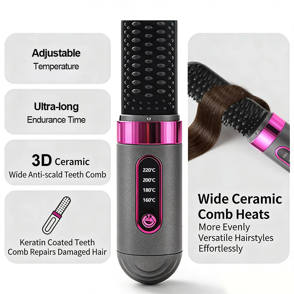 Cordless Hair Straightener Lightweight Hair Straightener Brush USB Rechargeable Hair Brush Intelligent Negative Ions Hot Brush