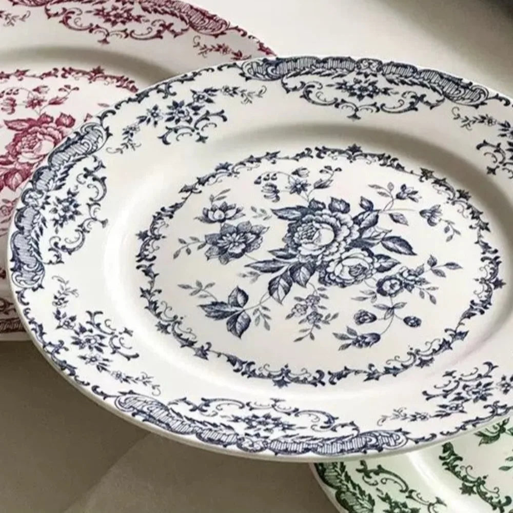 Dinner Set Retro Nordic Flower Pattern Disc Round Ceramic Dinner Plate Exquisite Light Luxury Shallow Plate Hotel