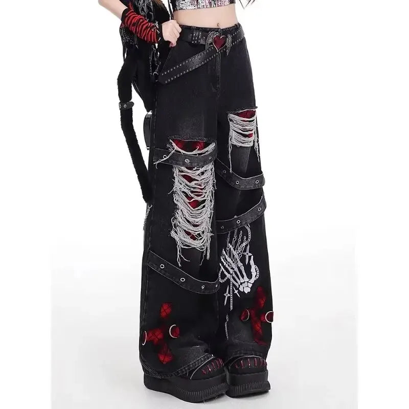 American style spicy girl loose lazy and relaxed denim pants female punk retro washed fashionable versatile casual pants