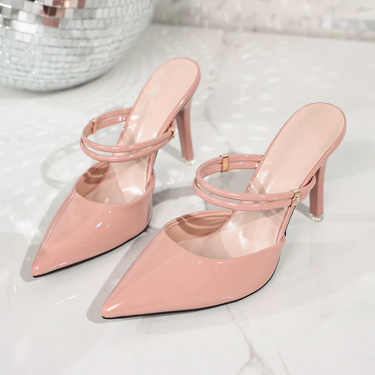 Women Pointed Toe Patent Leather Ankle Strap Stiletto Heel Slide Mules Slip‑On Party Dress Heeled Sandals Nude Pink Large Size