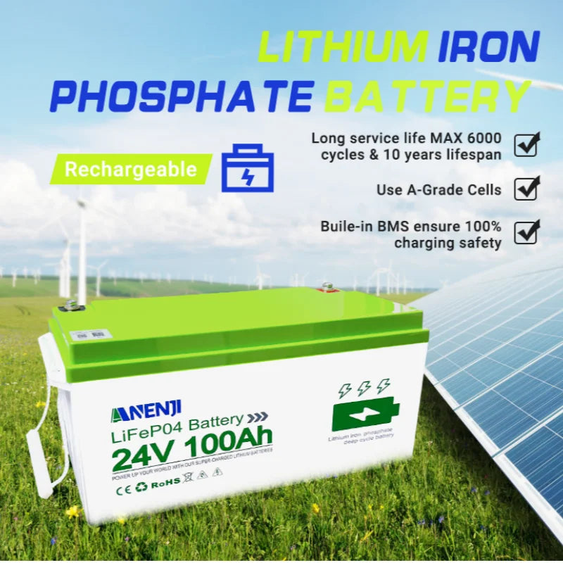 ANENJI 25.6V 100AH LiFePo4 Battery 24V 12V 100AH 1.256KWH 2.56KWH Grade A Cells Lithium Iron Phosphate Battery BMS 6000+ Cycle for Golf Cart