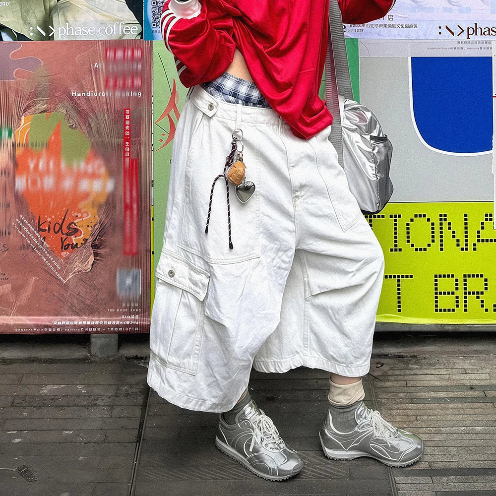 PBAP White Cargo Jean Shorts Women Big Pockets Casual Wide Leg Pleats Adjust Waist Baggy Bermuda Pants Hiphop Vintage Streetwear