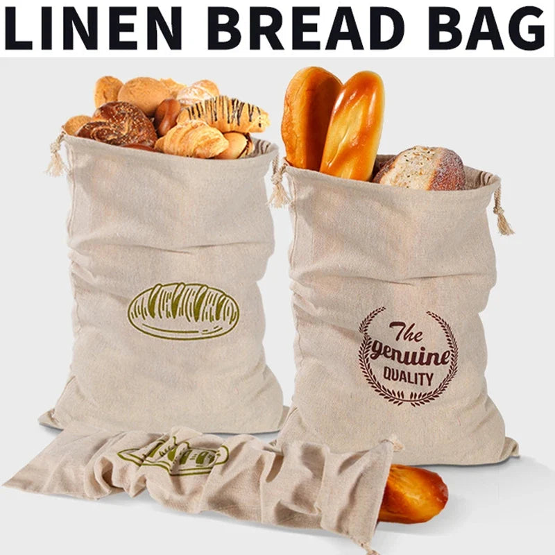 Linen Bread Bags Reusable Portable Drawstring Kitchen Organizer Home Homemade Artisan Bread Storage Bag Washable Food Organizer