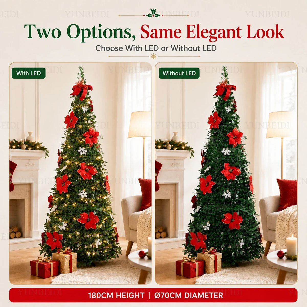 Foldable Integrated Artificial Christmas Tree with Ornaments LED Lights Exquisite 180CM Christmas Tree Home Christmas Decoration