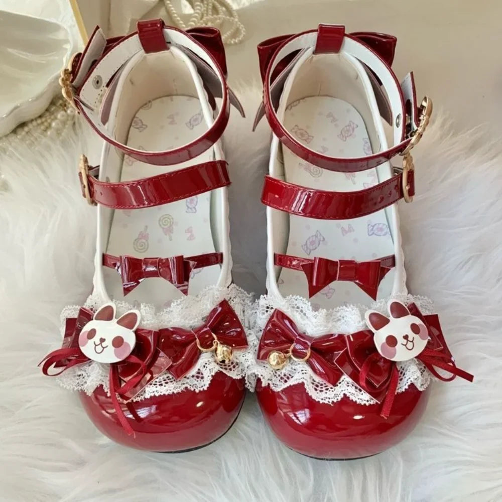 Cute Lolita Mary Jane Heels with Bunny Bows Lace and Bells for Cosplay and Tea Parties