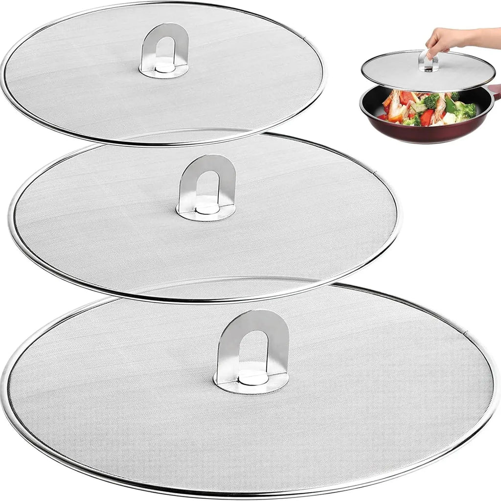 3-Piece Splatter Screen Set for Frying Pans, 13"/11.4"/9.8", Stainless Steel Grease Guard, Ultra-Fine Mesh Lid, Fold-Flat Design