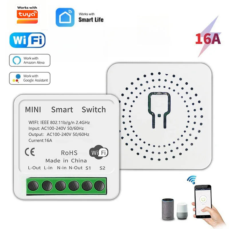 16A Smart WiFi Switch Support 2-Way DIY Switches Mini Smart Breaker Works With Tuya Smart Life APP Control Support Alexa Google