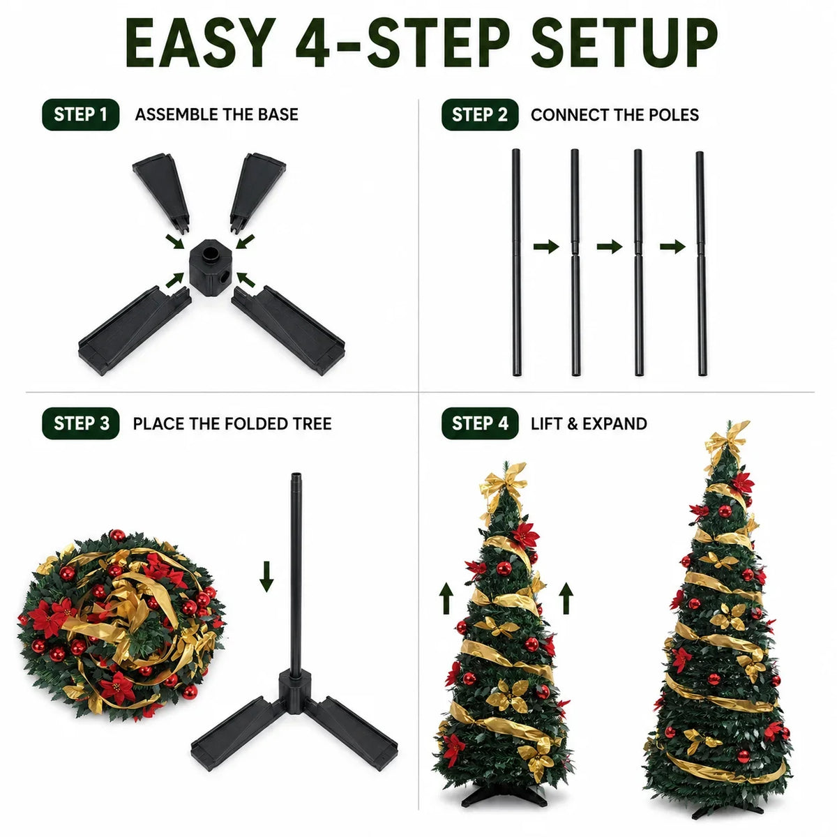 Green PVC Christmas Tree 1.5/1.8/2.1M Pre-Decorated Bow Topper Flowers,Foldable Xmas Tree Optional USB Lights Holiday Home Decor