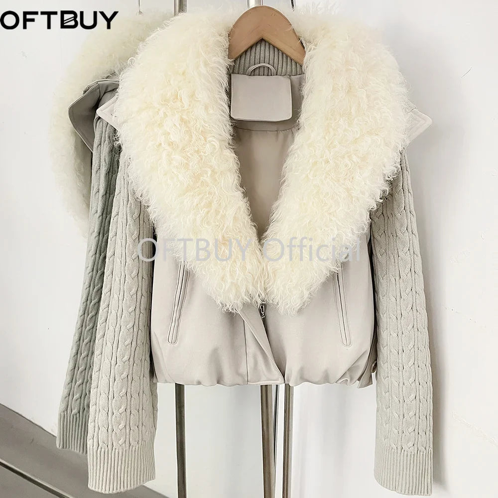 OFTBUY Women Winter Real Lamb Wool Fur Collar 90 White Duck Down Jacket Cable Knit Sleeve Zipper Drawstring Cropped Coat