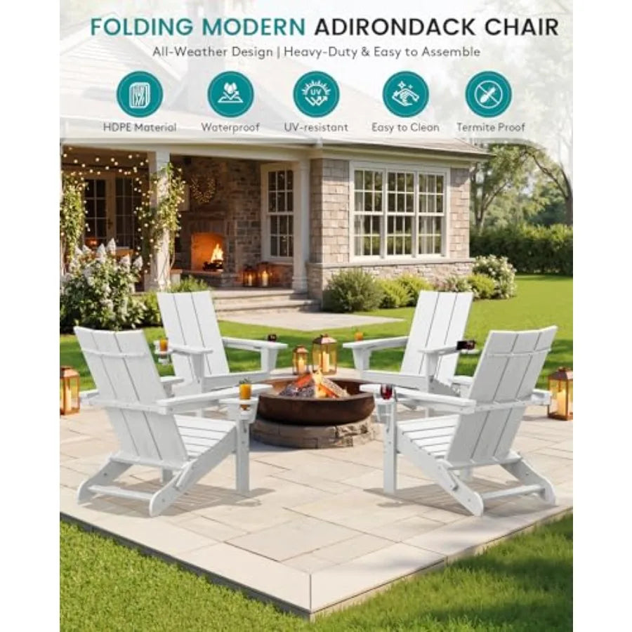 Outdoor folding Adirondack chairs set of 2 with 9-ft umbrella, polywood material, classic white, weather-resistant and space-sa
