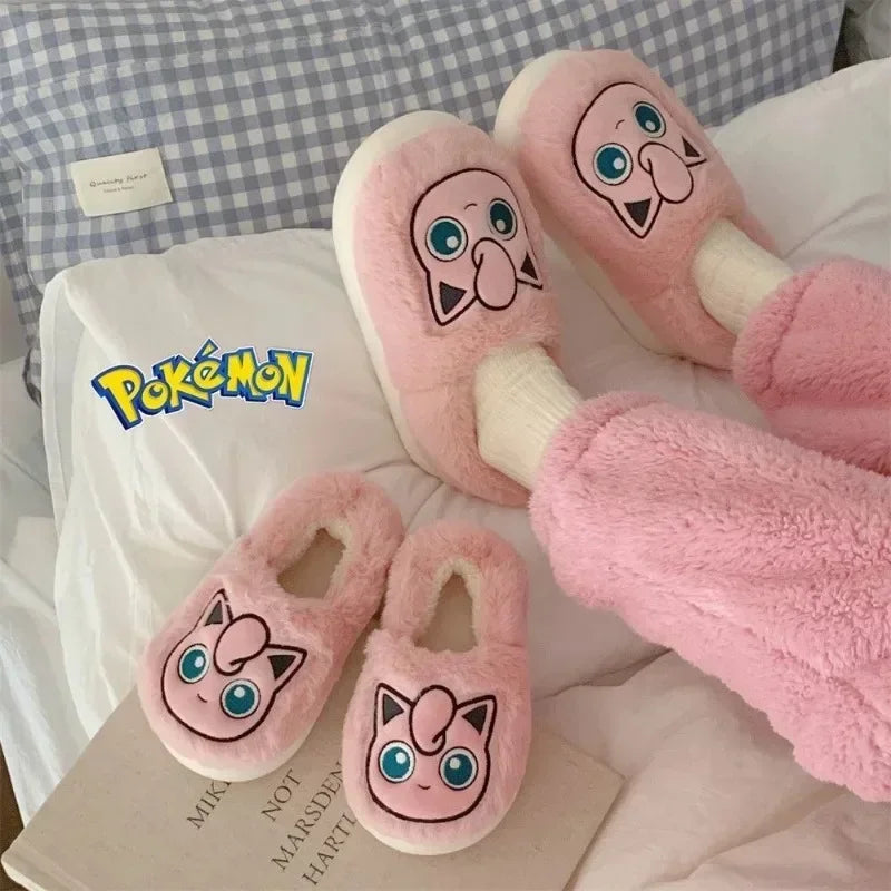 Popular anime Pokemon Pikachu Eevee Couple Cotton Slippers Winter Cute Cartoon Men Women Shoes with Velvet Insulation Anti slip