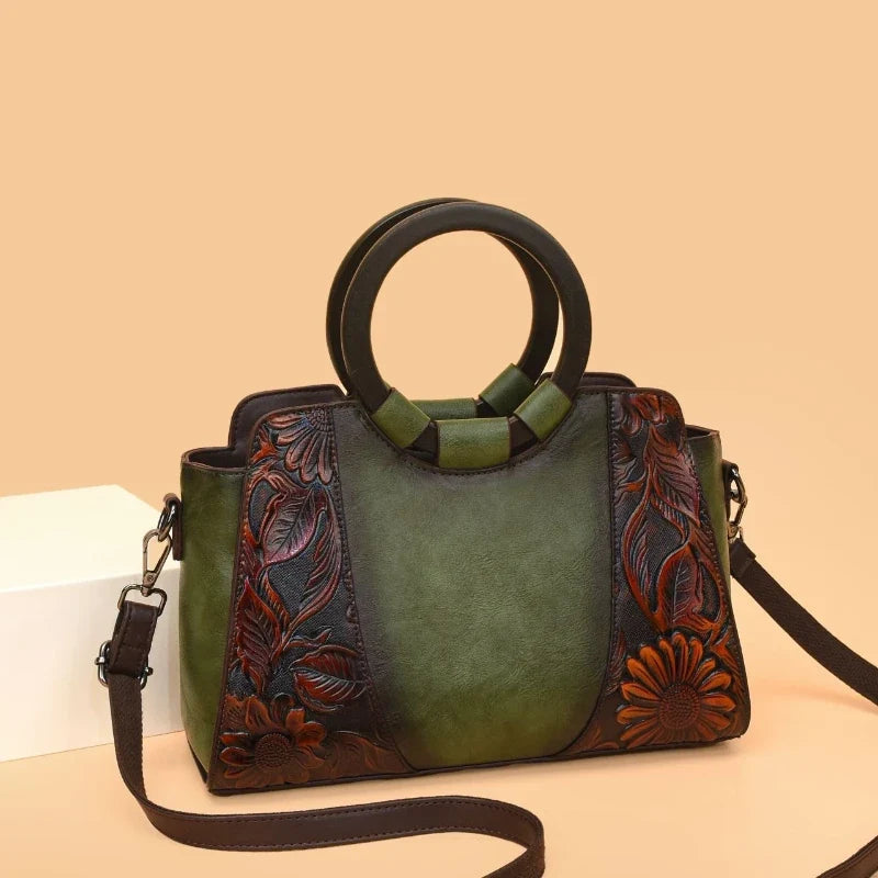 2026 New Vintage Chinese Leather Carved Leather Handbag Women Embossed Versatile Cheongsam One-shoulder Crossbody Mother Bag