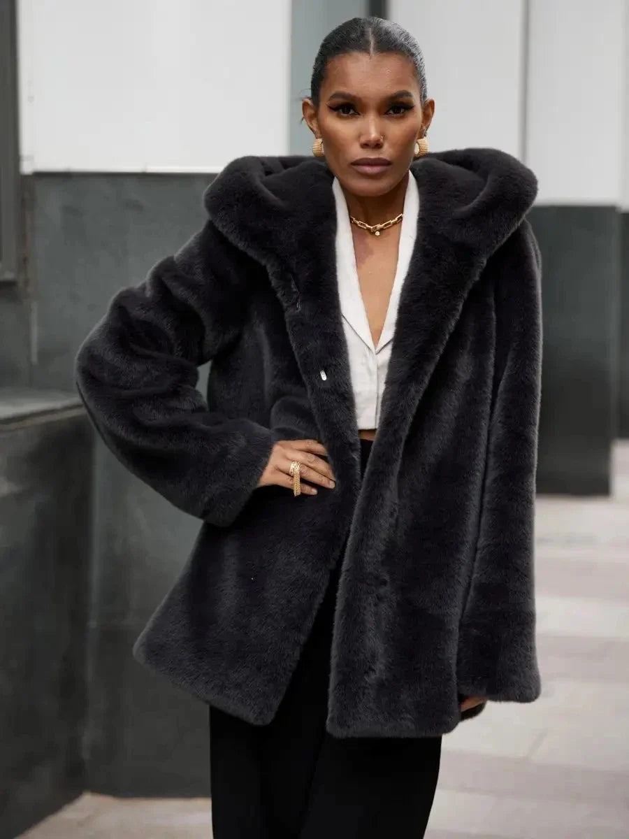 2026 Autumn Winter Women Faux Mink Fur Jacket Hooded Lapel Collar Open Front Mid Long Fluffy Coat