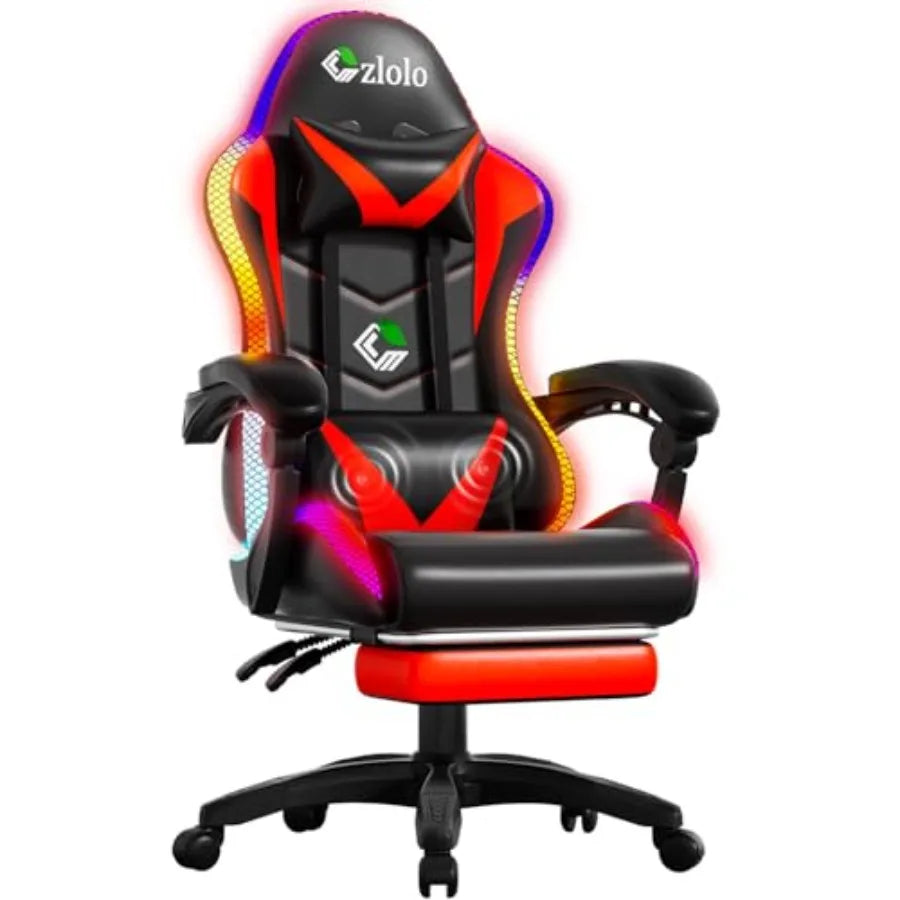 Gaming Chair for Adults and,Racing Style PU Leather Black with RGB LED Lights, Lumbar Massager, High Back Reclining Computer Ch