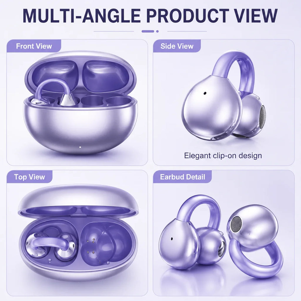 Open Ear Clip Wireless Headphones Bluetooth 5.4 Earphones with Long Battery Life, Sports Gaming Stereo Touch Control LED Mics